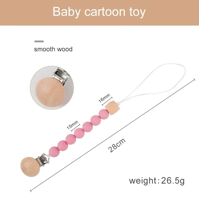 Baby Pacifier Clip Wood Color Silicone Bead Infant Teether Soother Anti-drop Chain Newborn Safe Teething Toy Dummy Nipple Holder