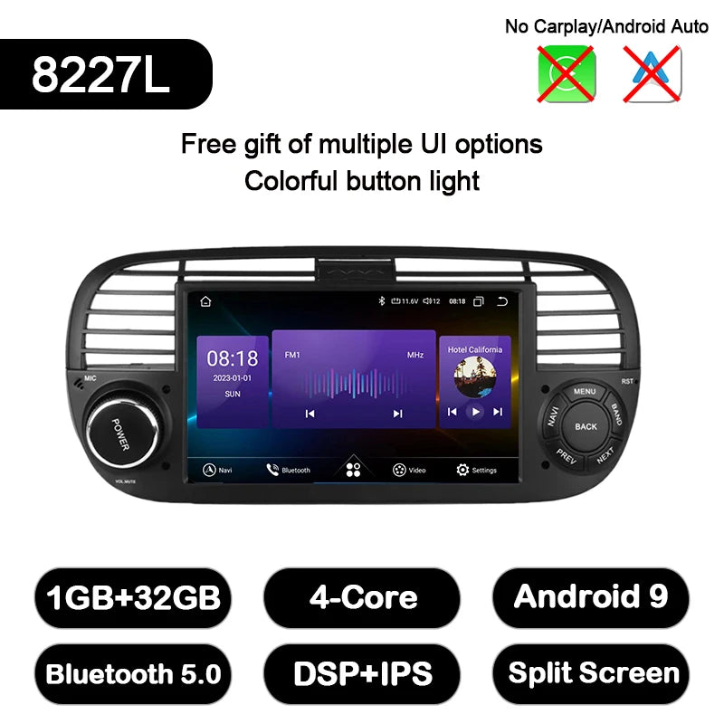 Junuse 7" Wireless Android Auto Carplay For Fiat 500 2007~2015 Android 13 Carplay GPS Navigation Multimedia Player White Black