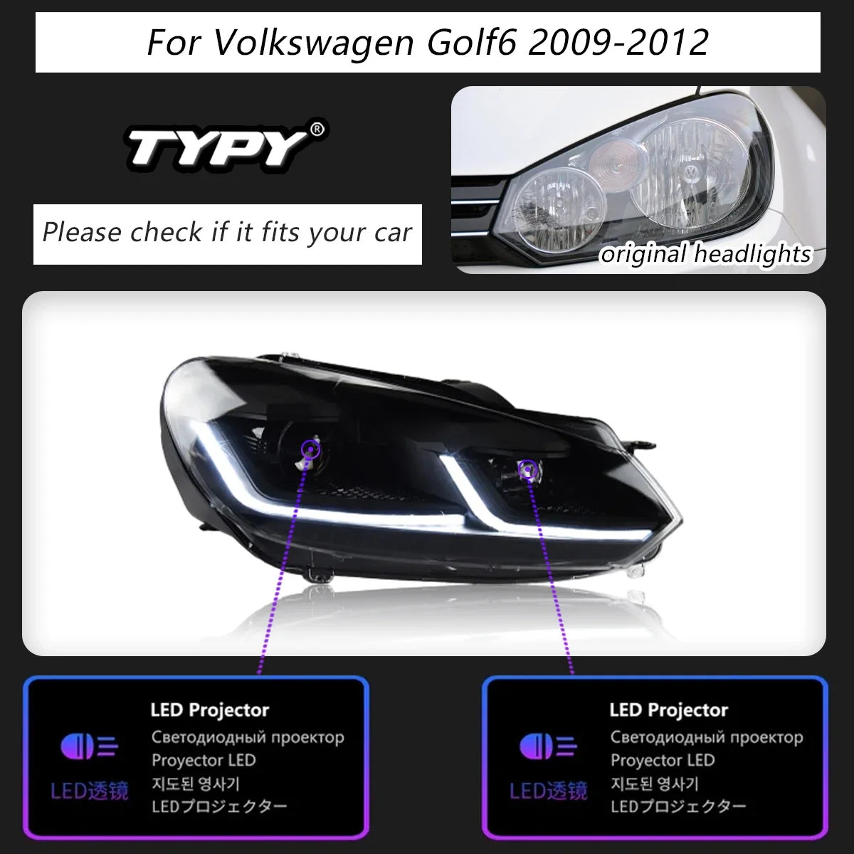 TYPY Car Headlights For Volkswagen Golf6 MK6 2009-2012 LED Car Lamps Daytime Running Lights Dynamic Turn Signals Car Accessories