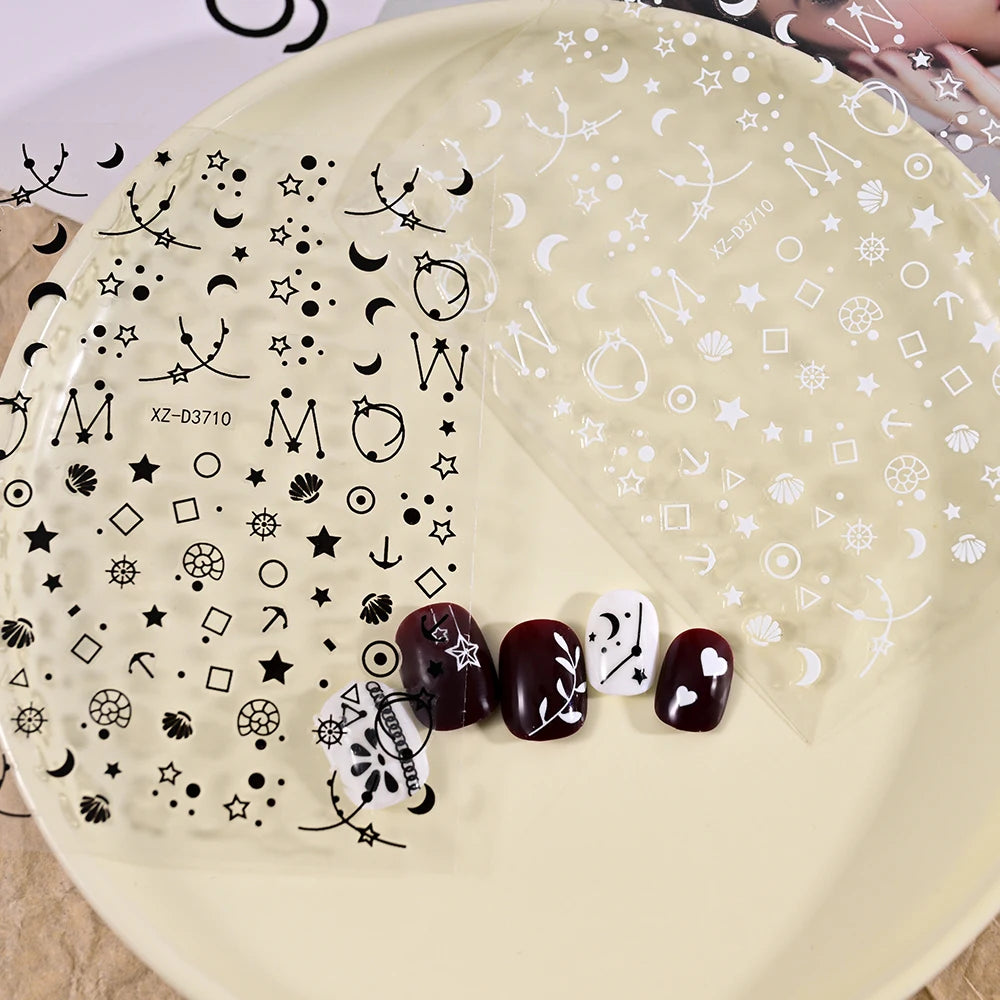 12Pcs Gold/Silver Tasse/Line/Star/Moon 3D Nail Art Stickers Leaf/Geometric Design Self-adhesive Sliders Luxury Manicure Decals