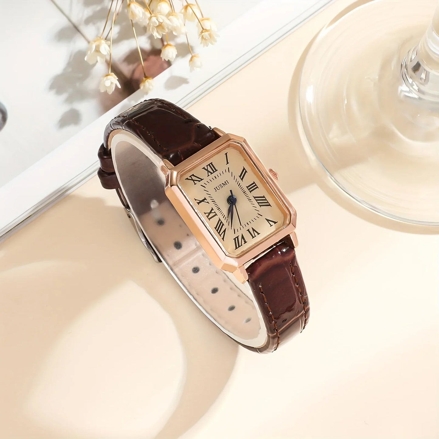 Casual Rectangle Pointer Quartz Watch Rome Fashion Analog Retro PU Leather Wrist Watch For Women Girls