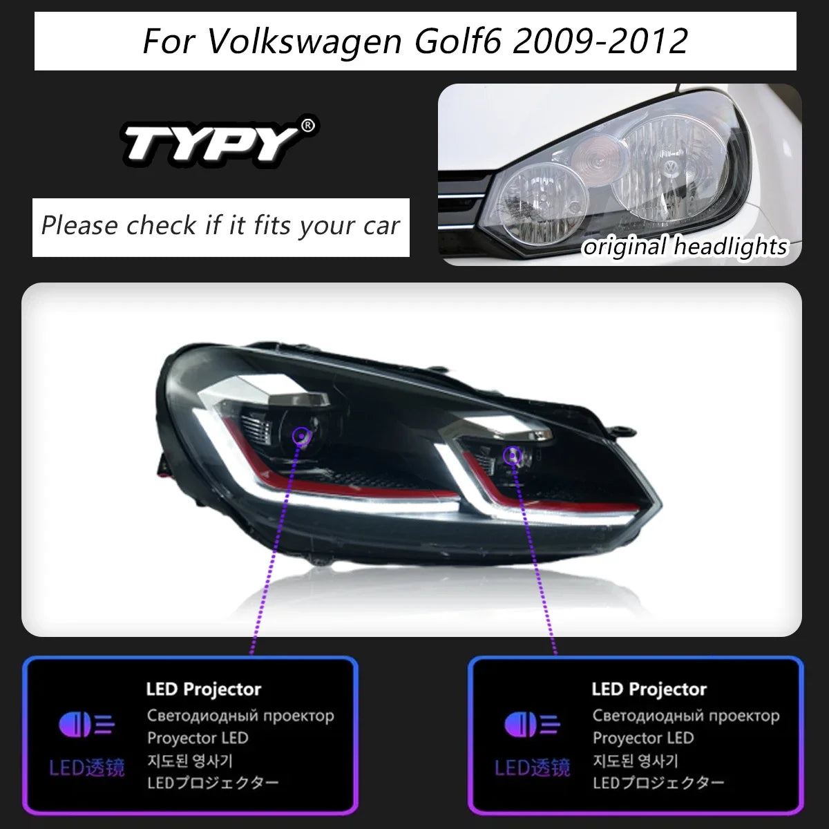 TYPY Car Headlights For Volkswagen Golf6 MK6 2009-2012 LED Car Lamps Daytime Running Lights Dynamic Turn Signals Car Accessories