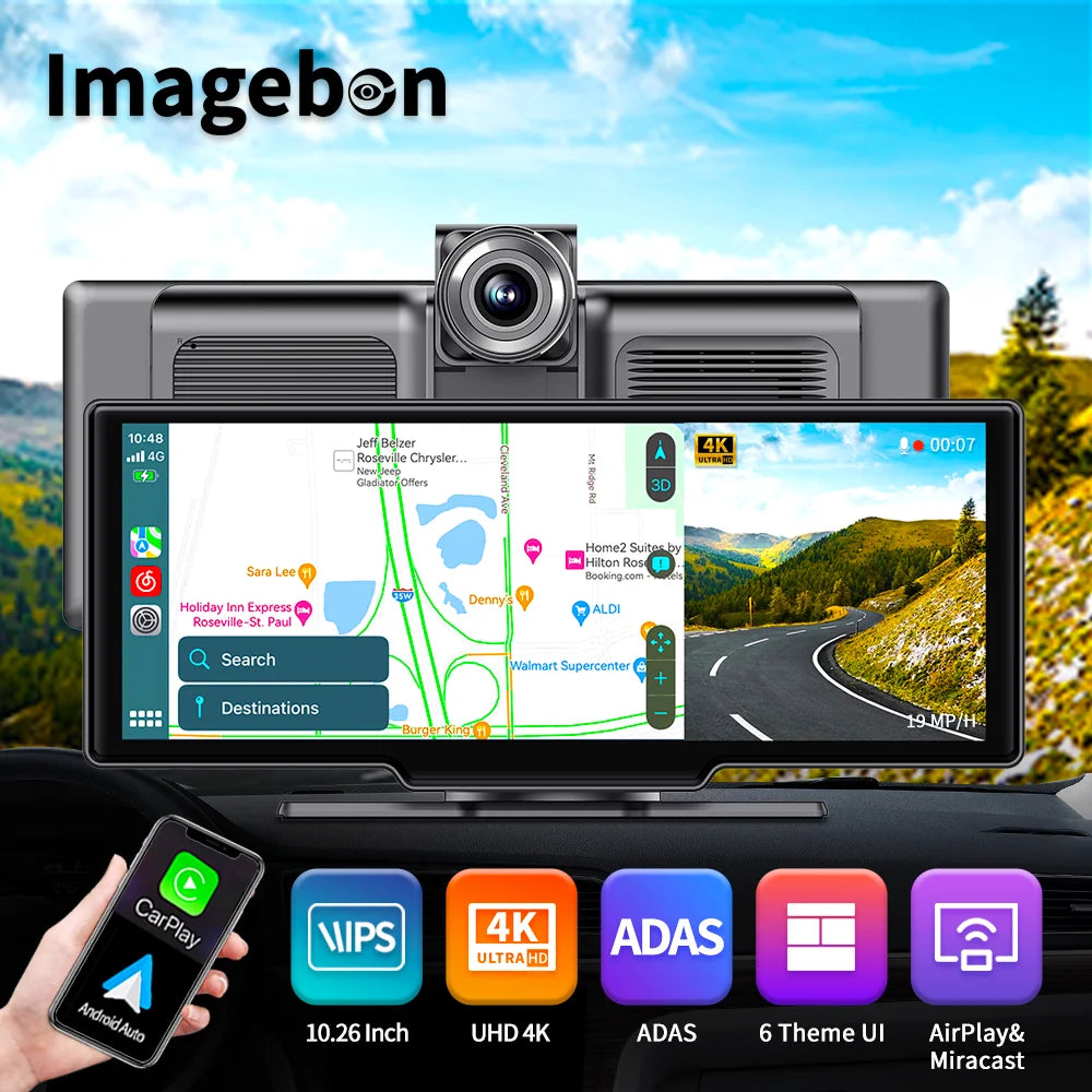 Imagebon 10.26 Inch 4K ADAS Car Mirror Video Recorder Wireless CarPlay & Android Auto Dash Camera GPS Navigation Night Vision