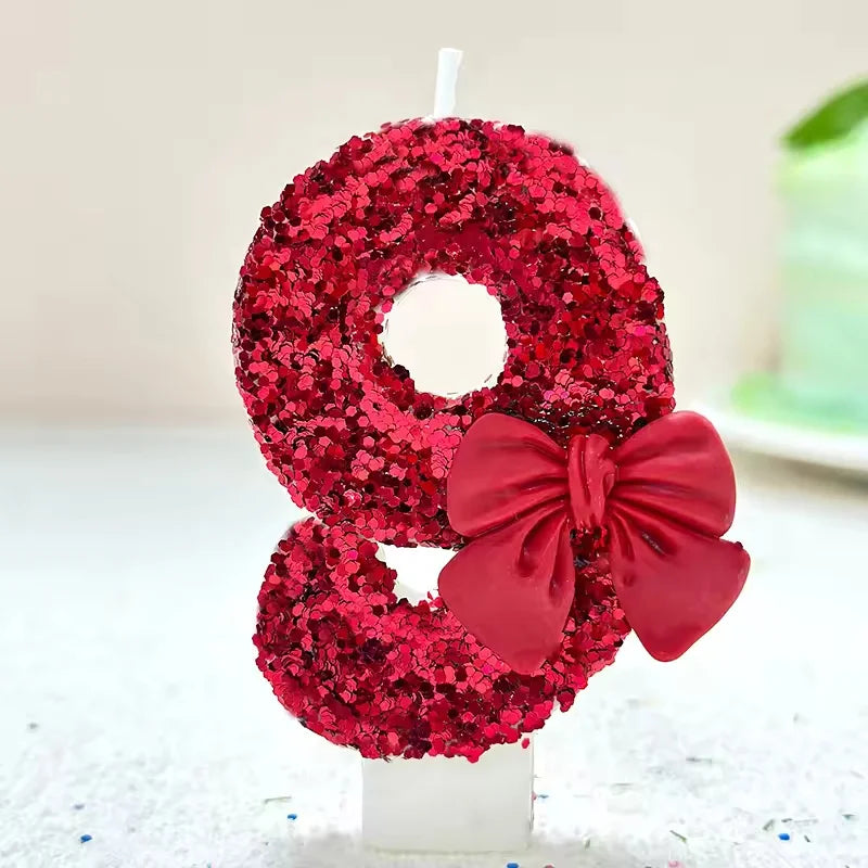Sanrio 0-9 digit Birthday Candles,Lotus root pink bow tie with Glitter Sequins,  Suitable for Birthday Party Cake Decoration