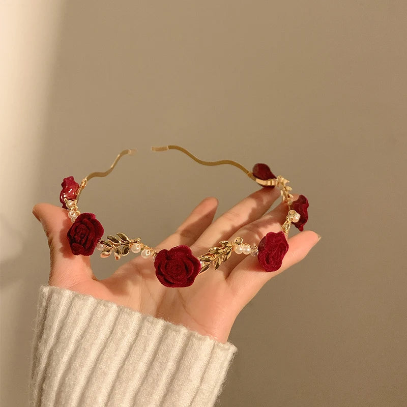 Ladies Elegant Rose Vine Headband Hair Accessories Headdress Girls Vintage Metal Flower Pearl Red Rose Tiara Hairbands