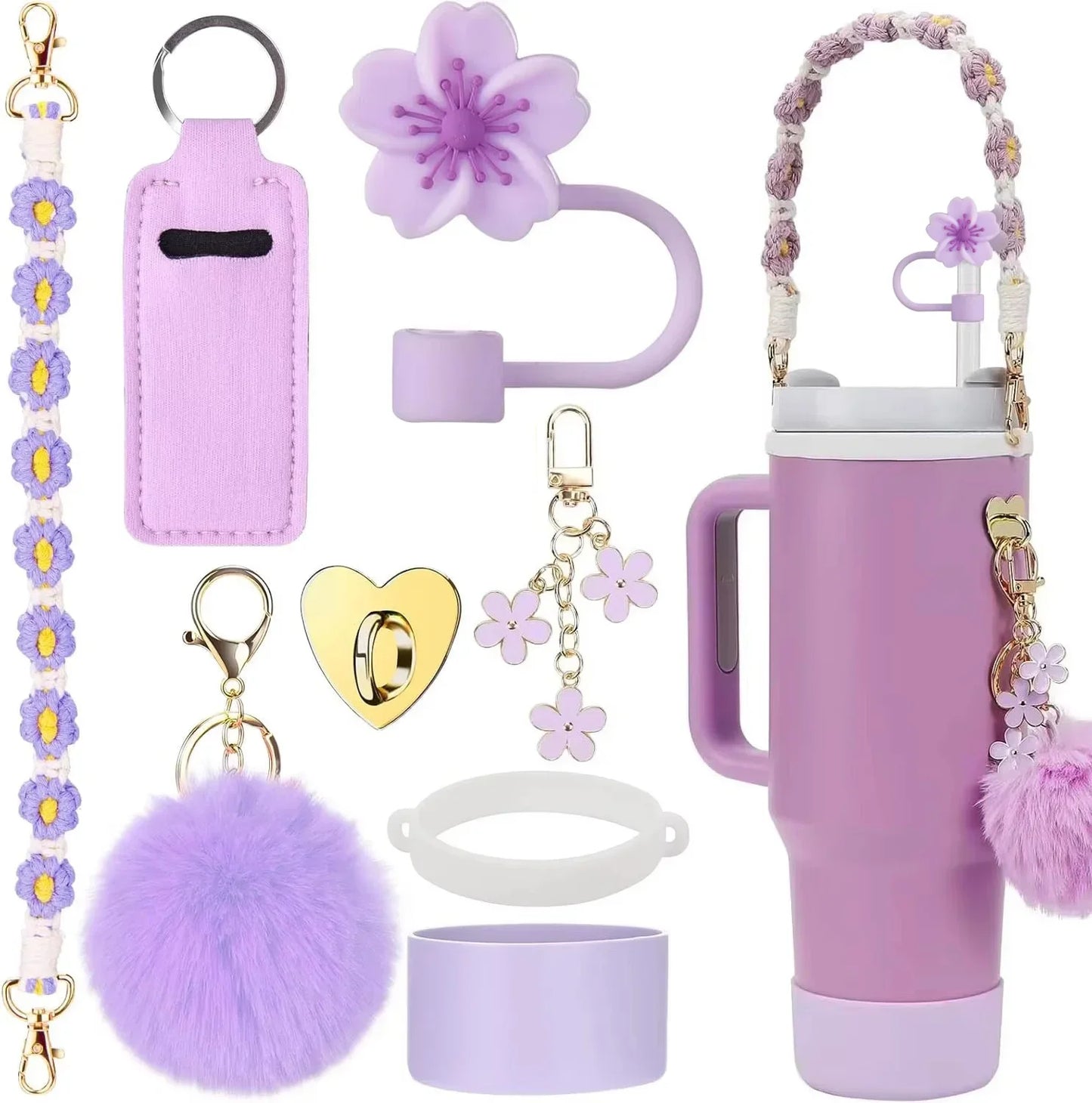 7/8pcs Cup Accessories Set for Stanley Cup Including Handle Strap Siliocne Cup Boot Straw Cover Charms for 40oz 30oz Tumbler