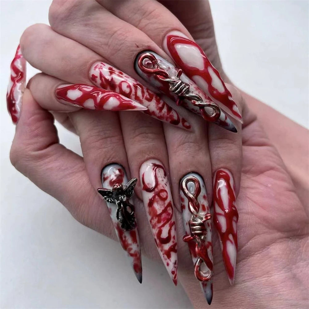 24pcs Glitter Pink Sequins Fake Nails 2025 Halloween Scary Skull Love Print False Nails Wearable European Ballet Press on Nails