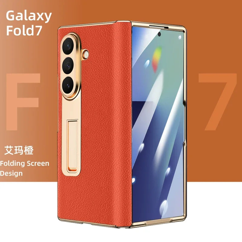 Luxury Leather Cover For Samsung Z Fold 7 6 5 Case Plating Stand Hinge Front Glass Screen