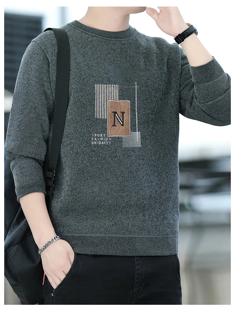 Sweater Men Knitted Round Neck Pullovers Fleece Thick Warm Winter Knitwear Y2K Fashion Jumpers Men's Clothes