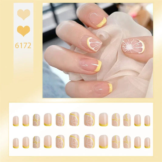 24Pcs/Set Yellow Lemon French Handmade Fake Nails Full Coverage Design Stick Wearing False Nails Artificial Press on Nail Tips
