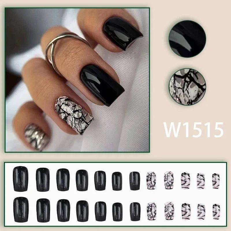 Black Ink Style Fake Nail with Jelly sticker Press on False Nails Wearable Round Head Oval Full Cover Nail Tips