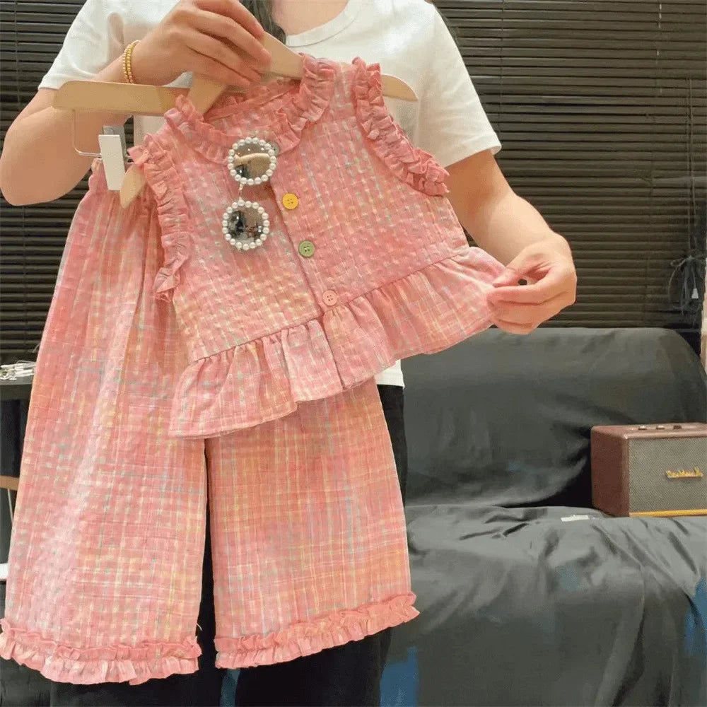 Pink Girl's Summer Two-piece Set with Single Breasted Sleeveless Top and Casual Pants, New Children's Sets Kids Clothes