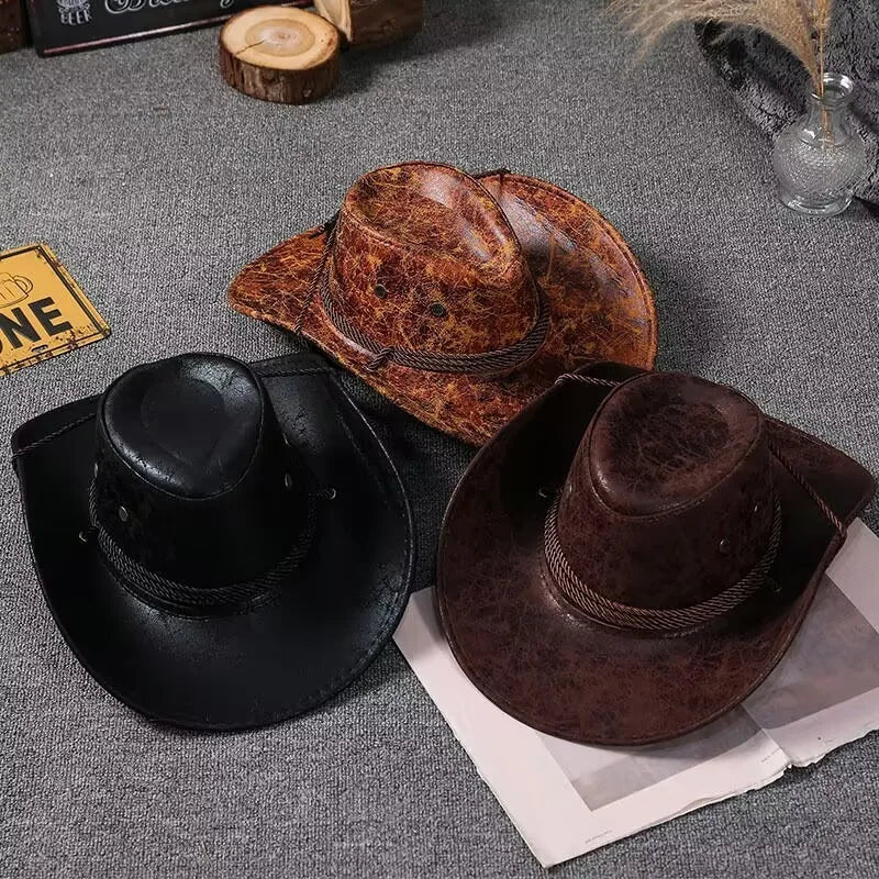 Faux Leather Western Cowboy Hats For Women Men Vintage Gentleman Dress Hats Panama Cowgirl Jazz Cap Sombrero Hombre