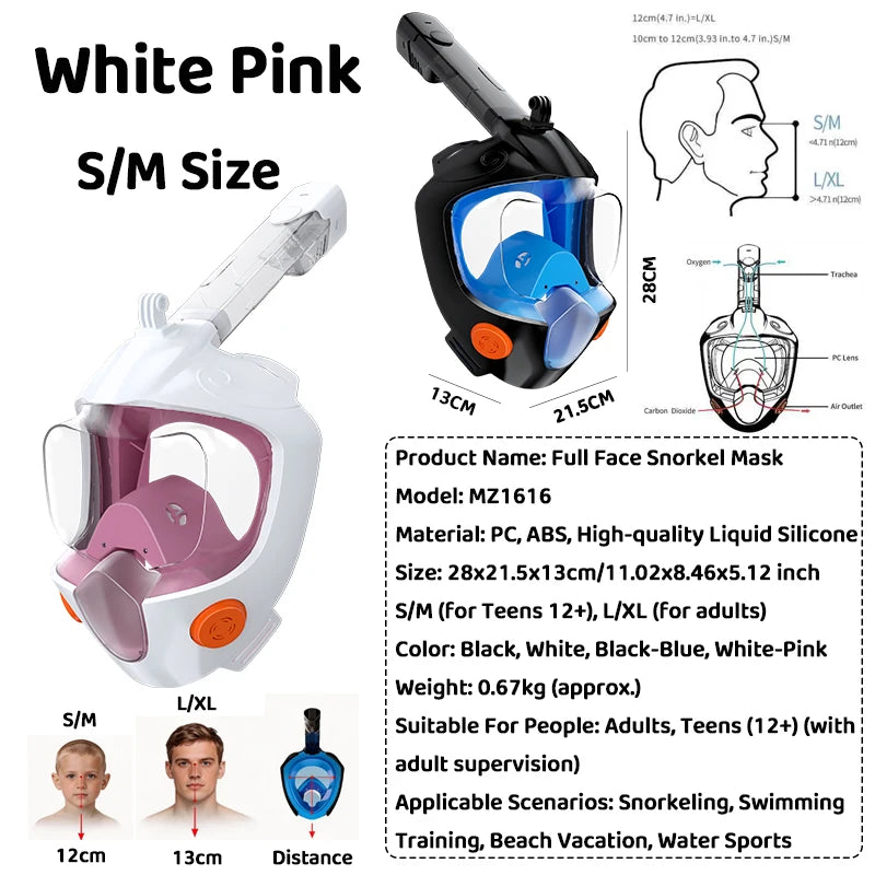 Full Face Snorkel Mask 180° Panoramic View Dry Top Snorkel Anti-Fog Leak-Proof Safe Breathing Swimming Diving Gear for Adults