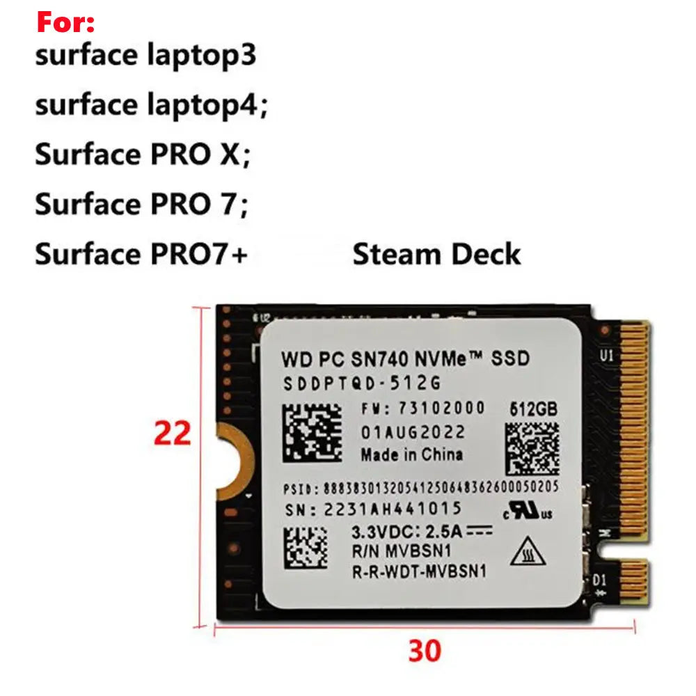 Western Digital WD SN740 SN5000S M.2 2230 SSD 2TB 1TB 256GB NVMe PCIe Gen4 x4 For Microsoft Surface Pro X Laptop 3 Steam Deck