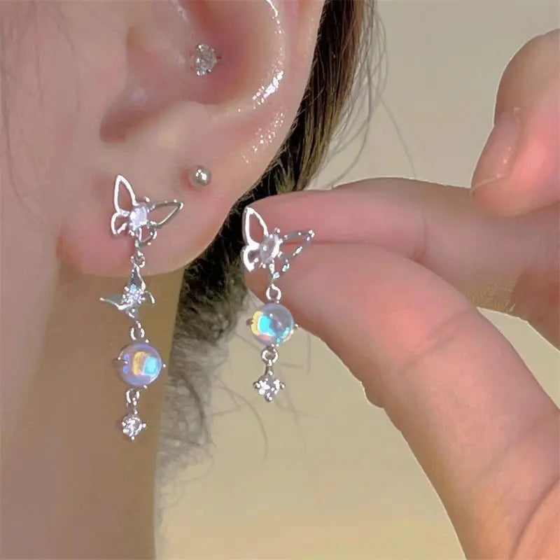 1Pair Fashion Sweet Asymmetrical Butterfly Moonstone Tassel Drop Earrings for Women Girls Party Elegant Fine Jewelry Gifts