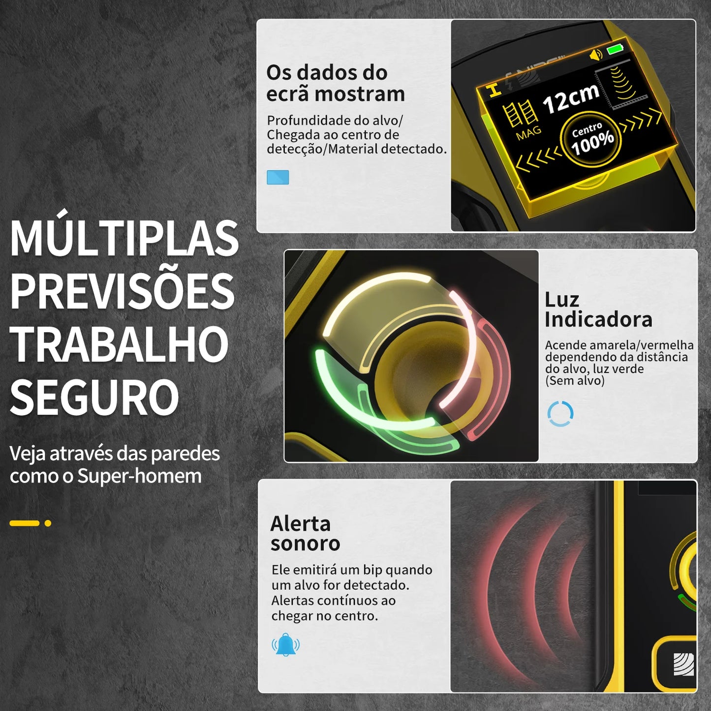 FNIRSI WD-02 Versão em português Detetor de parede Localizador de vigas Cabos CA com carga Vigas de metal Vigas de madeira