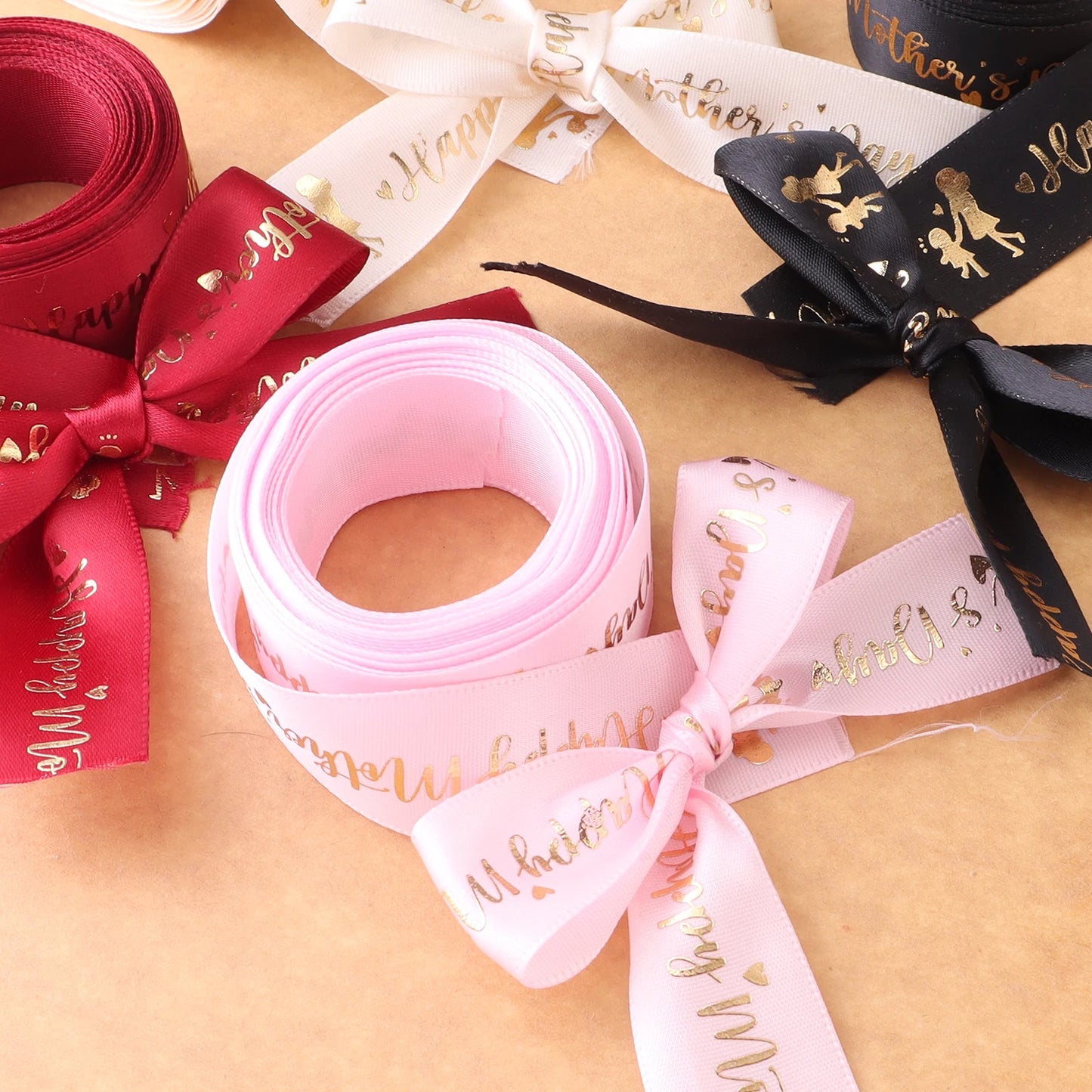 5 Yards Happy Mother's Day Ribbon, Pink Red Ribbon for Gift Wrapping, Satin Ribbon for Flower Bouquet Moms Birthday Day Thank