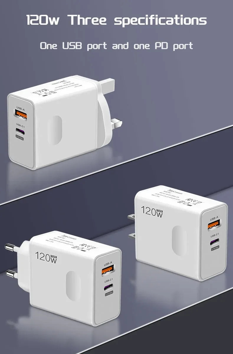 Total 120W USB Type C Fast Charging Charger PD Mobile Phone Quick Charge Wall Adapter for iPhone 15 Xiaomi Samsung GaN Charger