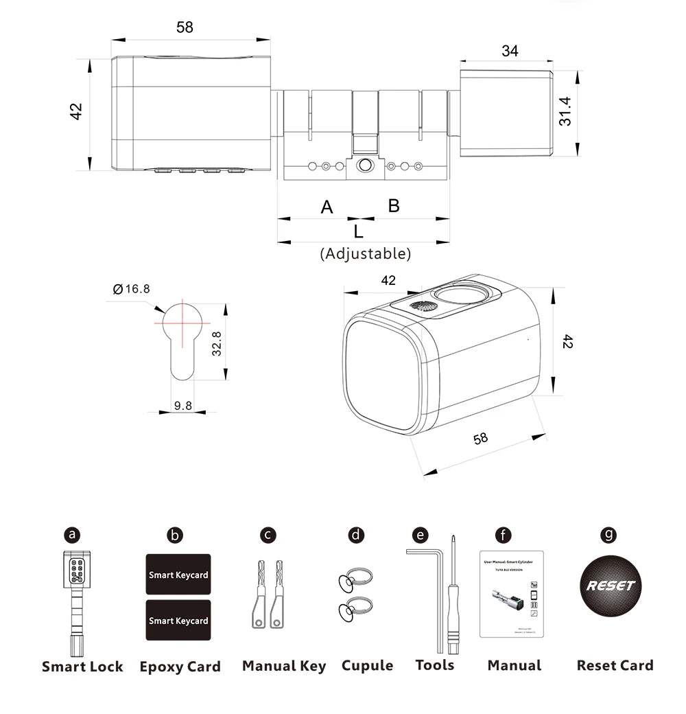 RAYKUBE V1 Adjustable TT Lock/ Tuya Bluetooth Smart Fingerprint Digital Cylinder Lock with APP/Password/RFID Card/Key  unlock