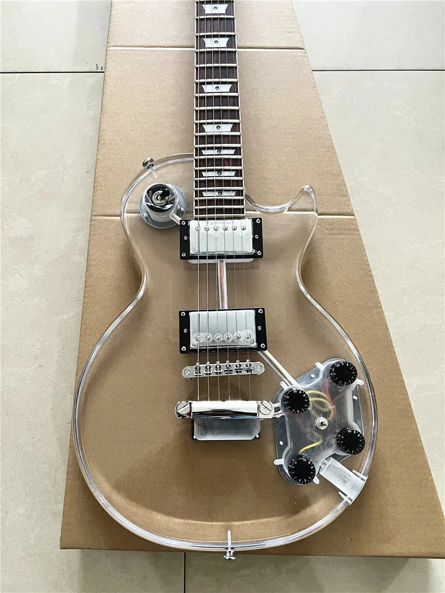 High quality custom crystal acrylic transparent Plexiglass 6-string electric guitar rose wood fingerboard led color lights