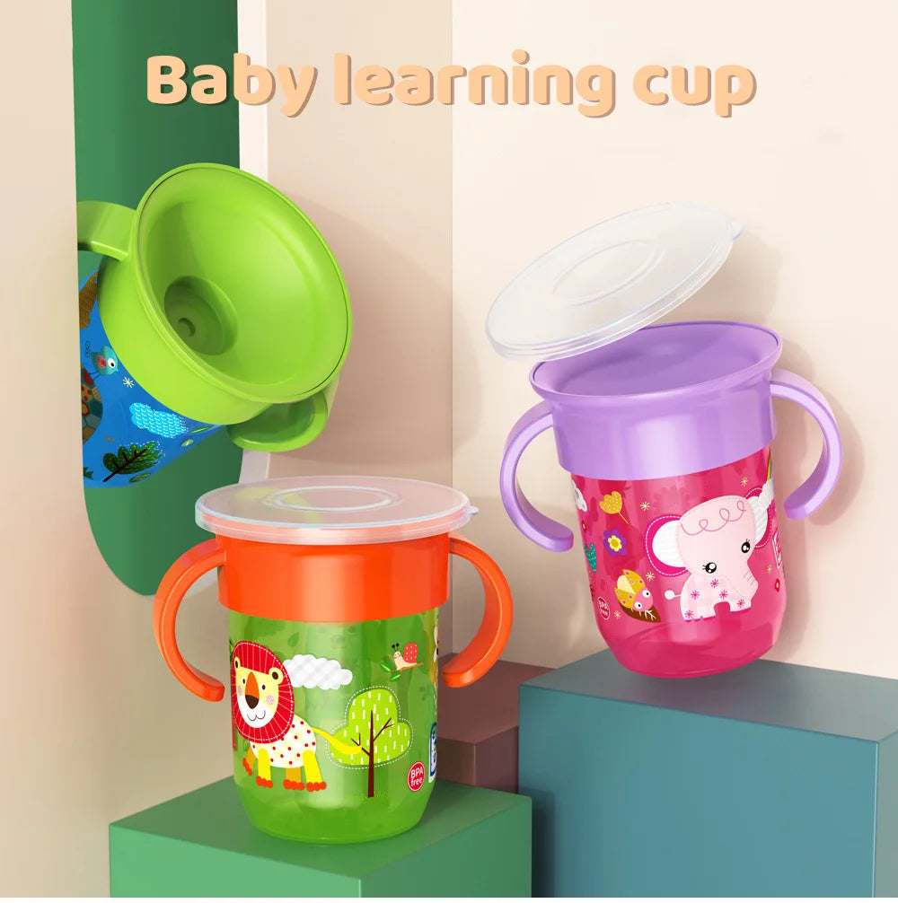 360 Rotated Cartoon Baby Learning Drinking Cup with Double Handle Flip Lid Leakproof Infants Water Cups Bottle BPA Free