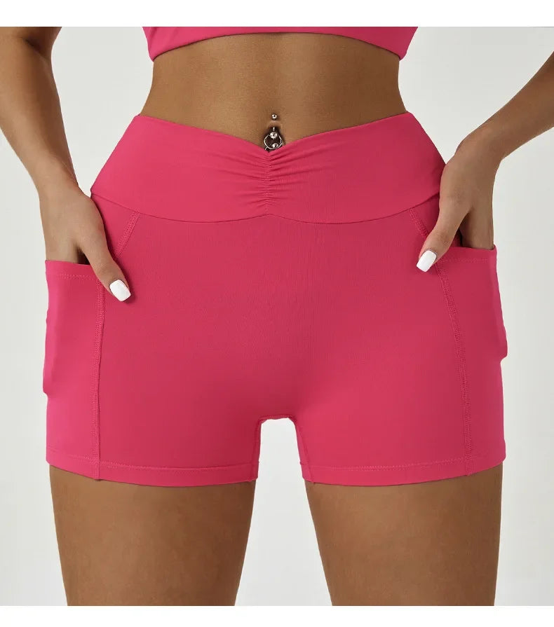 Tight Fitting Hip Yoga Shorts Pockets Women High Waisted Fitness Outdoor Leggings Scrunch Lifting Yoga Biker Shorts
