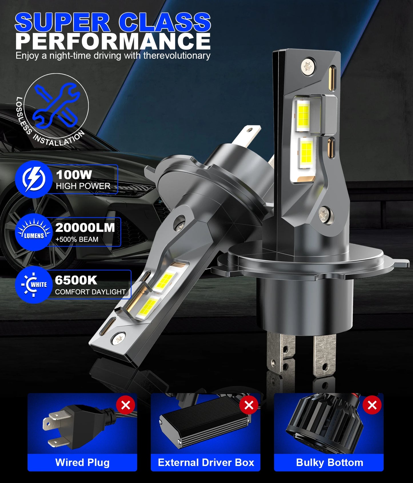 BEAMFLY 100W LED Headlight Bulbs H7 H4 Canbus Wireless Mini Diode 6500K White 20000LM CSP Plug&Play Car Turbo Driving Headlamp