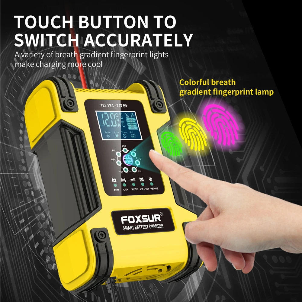 Foxsur Full Automatic Car Battery Charger 12V 12A Digital Display Battery Charger Power Pulse Repair Chargers Wet Dry Lead Acid