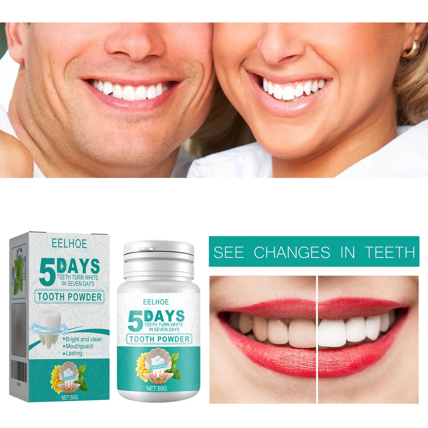 EELHOE Teeth Whitening Powder 5 Days Tooth Cleaning Oral Hygiene Care Plaque Stains Tartar Removal Stains Natural Cleaning Tool