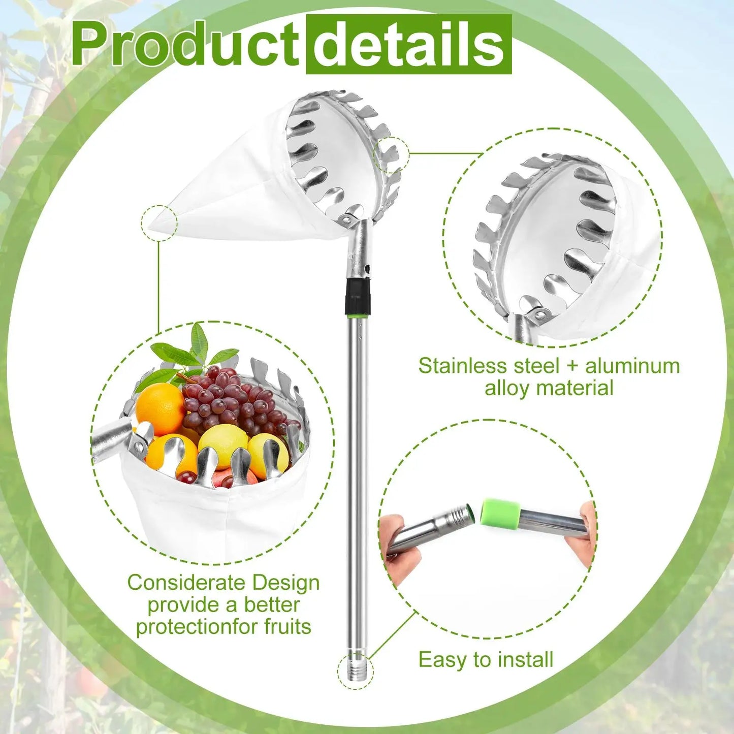 Fruit Picker Machine Stainless Steel Splicing Rod Fruit Picking Tools Pick Apple Pear Lemon and Avocado for Farm Orchard Tools