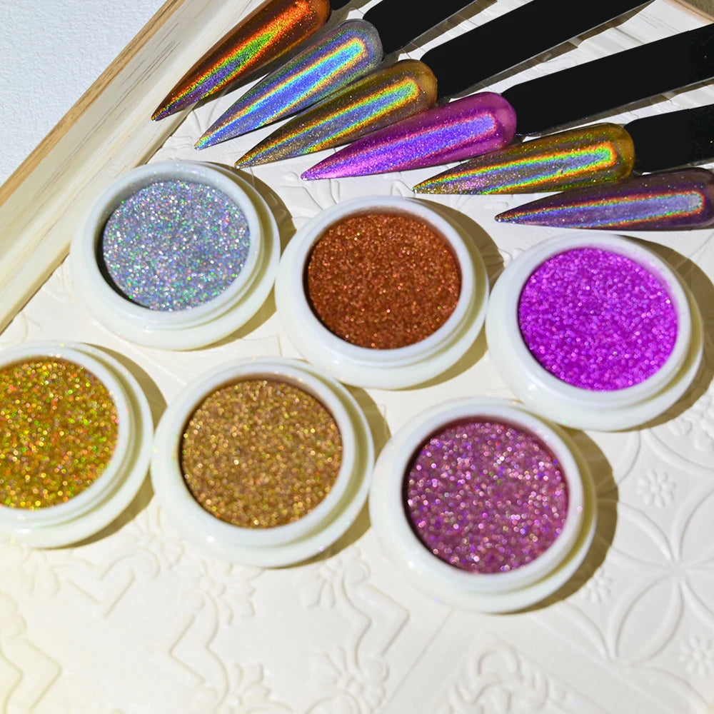 6Pcs/Set Magic Mirror Nail Art Powder Net0.5g/Jar Holographic Metallic Chrome Pigment Laser Gold Silver Manicure Rubbing Dust *&