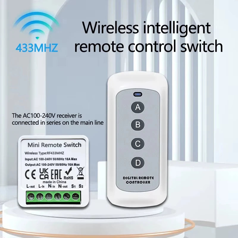 Smart Wireless Switch 433Mhz 16A 4Key RF Switch Module Remote Control AC 100V-240V Mini Relay Receiver Light Fan Garage Door