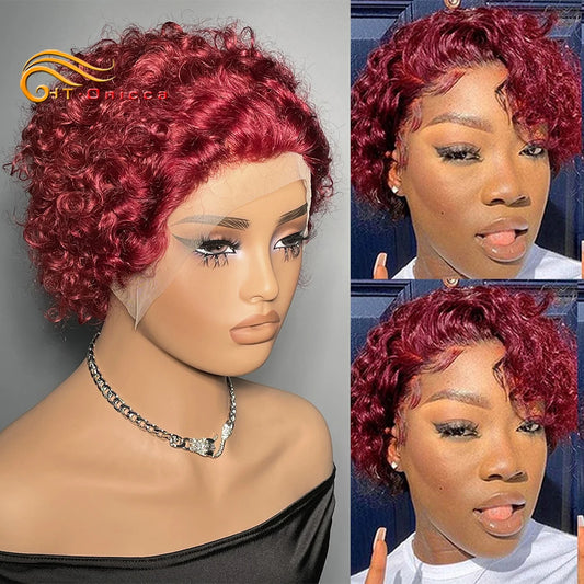 99J Wigs Human Hair Cheap Pixie Cut Wig 13X1 Transparent Lace Wig For Women Short Curly Human Hair Wig 180 Density