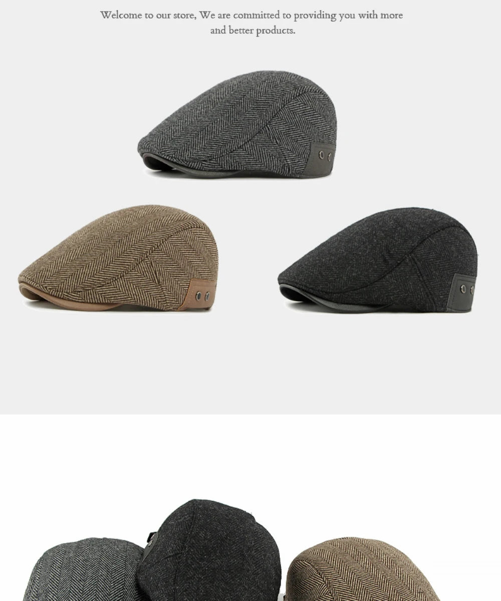 HT5025 Beret Cap Striped Beret Hats with Ear Flaps Male Female Adjustable Ivy Flat Cap Fleece Lined Winter Hat Women Mens Berets