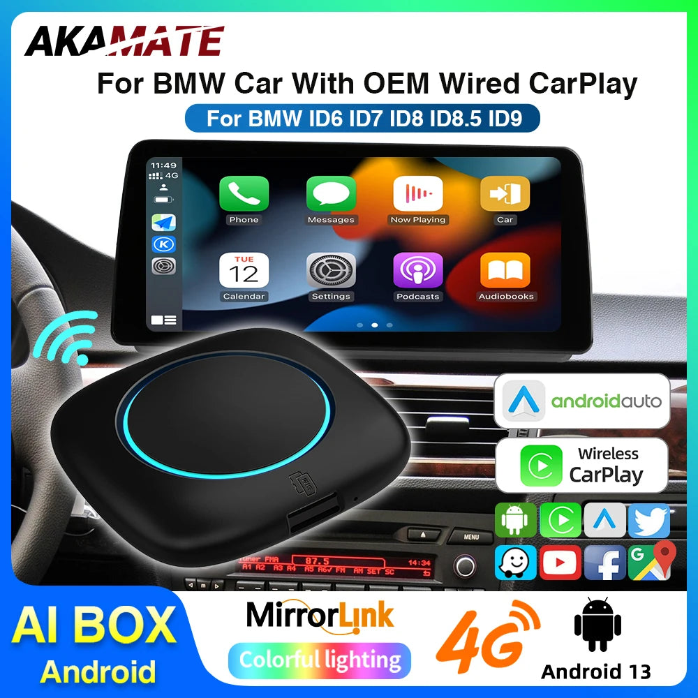 Wireless CarPlay for BMW ID6 ID7 ID8 ID9 OEM Wired to Wireless Android Auto AI Box Intelligent System Android 13 4+64GB 8+256GB