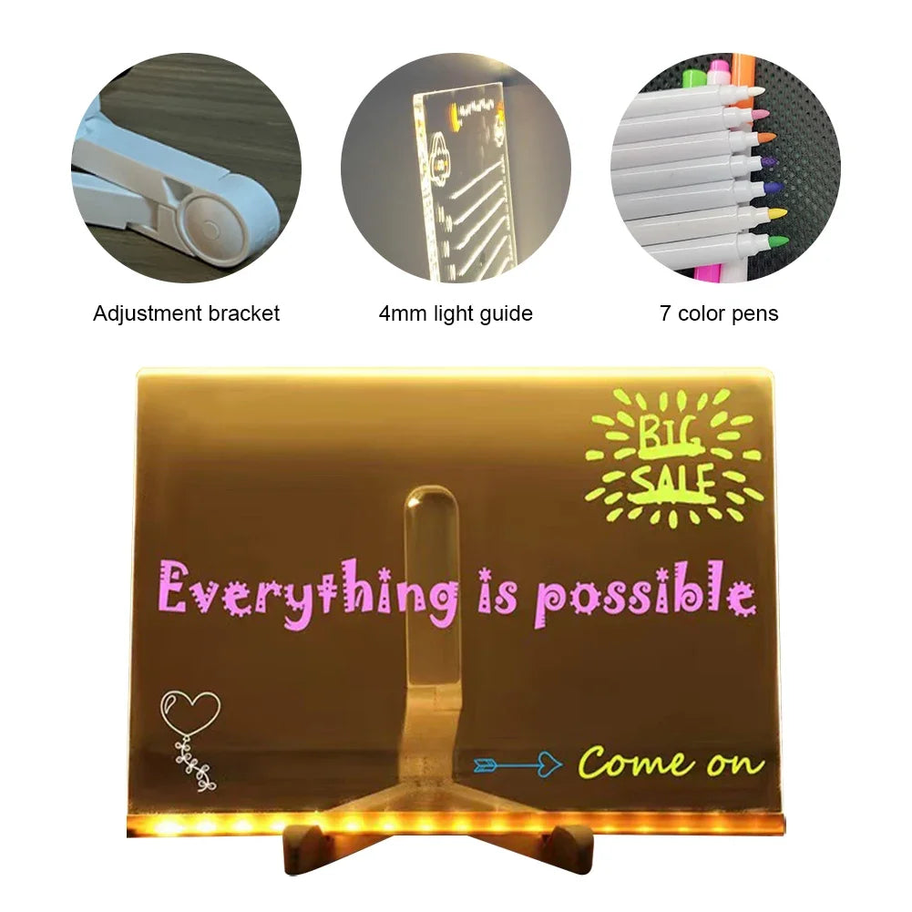Light Up Acrylic Message Board Rewritable DIY Children's Glowing Drawing Board Message Lamp With Colorful Pens