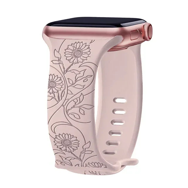 Floral Engraved Strap For Apple Watch Band 40mm 44mm 41mm 49mm 45mm 38mm 42mm silicone bracelet iwatch series 9 7 se 6 8 ultra 2