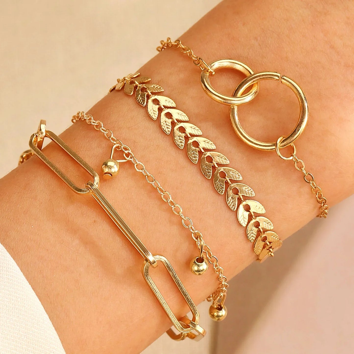 Trendy Geometric Link Chain Tassel Bracelet Set for Women Gold Color Leaves Heart Pendant Open Cuff Bangle Girls Jewelry