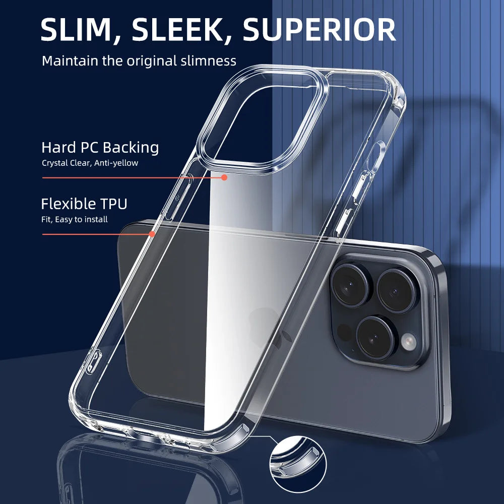 Ultra Thin High Transparent Hard PC Case For iPhone 16 15 14 13 12 11 Pro Max Slim Shockproof Bumper Phone Cover