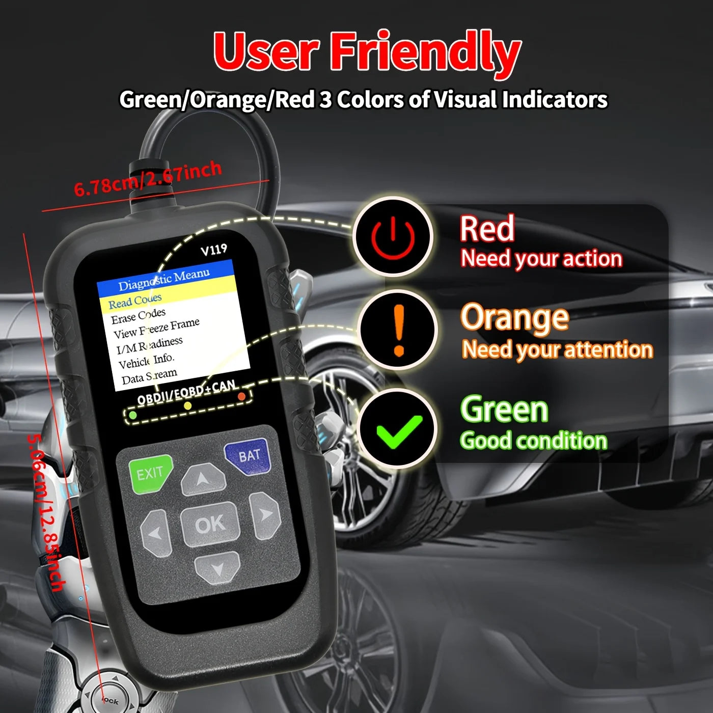 Car Obd2 Scanner Diagnostic Tool, Car Voltage Tester Engine Fault Code Reader, Ebd+Can Charging Tester Diagnostic Tool, Suitable for Obdii Protocol, Practical Tool for Automobile Inspection