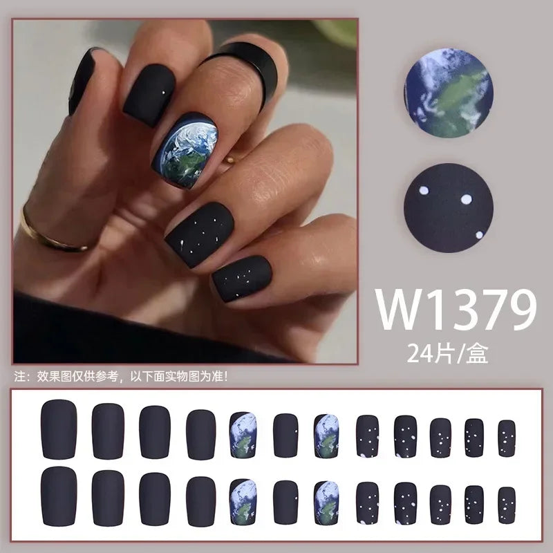 Black Ink Style Fake Nail with Jelly sticker Press on False Nails Wearable Round Head Oval Full Cover Nail Tips
