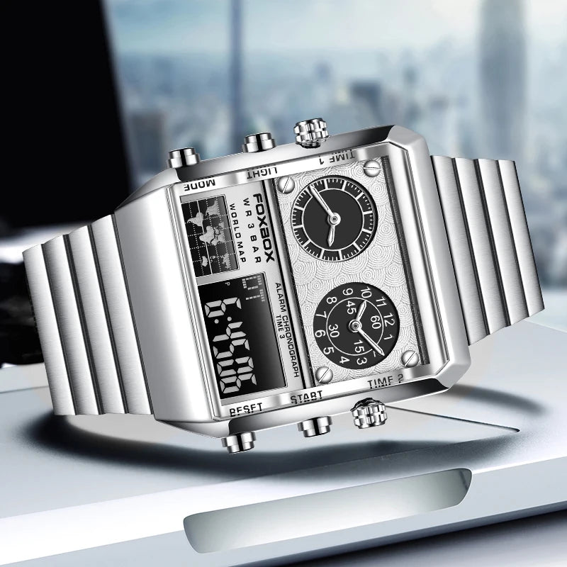 LIGE New Sport Mens Watches FOXBOX Brand Luxury Square Watch For Men Fashion Waterproof Dual Display Watch Relogio Masculino+box
