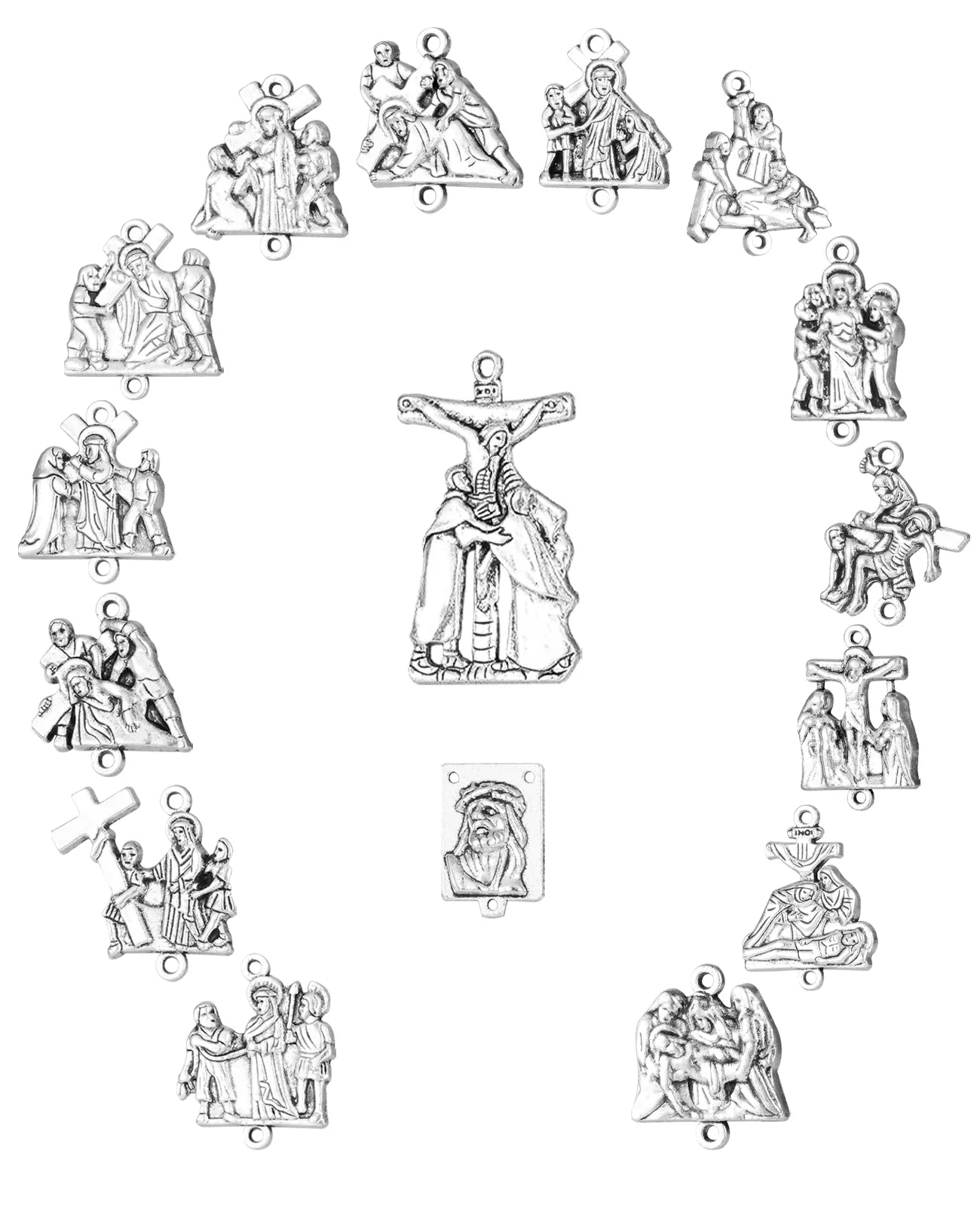 16Pcs Stations Cross Signs Devotional Medals Crucifix Jesus Cross Crown of Thorns Pendant Set for Rosary DIY Accessories
