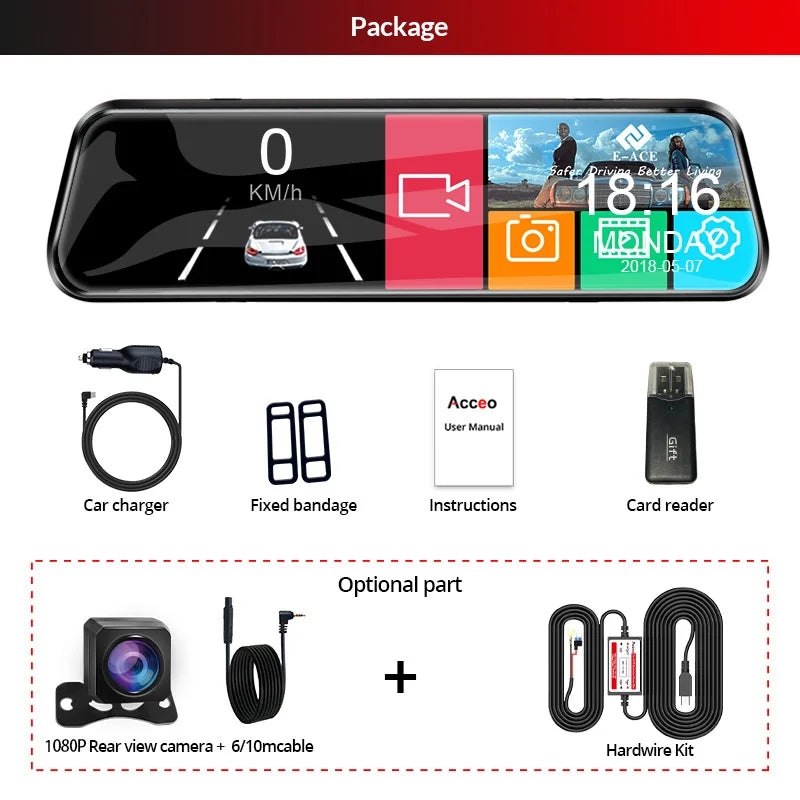 Acceo Car Dvr 10 Inch Touch Screen RearView Mirror Video Recorder Auto Registrar Support Black box Camera Night Vision Dash Cam