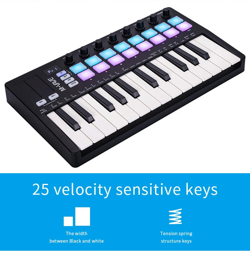 M-VAVE SMK-Ⅱ 25 Key MIDI Keyboard Controller With 16 RGB Drum Pads, Bluetooth Semi Weighted Professional dynamic keybed
