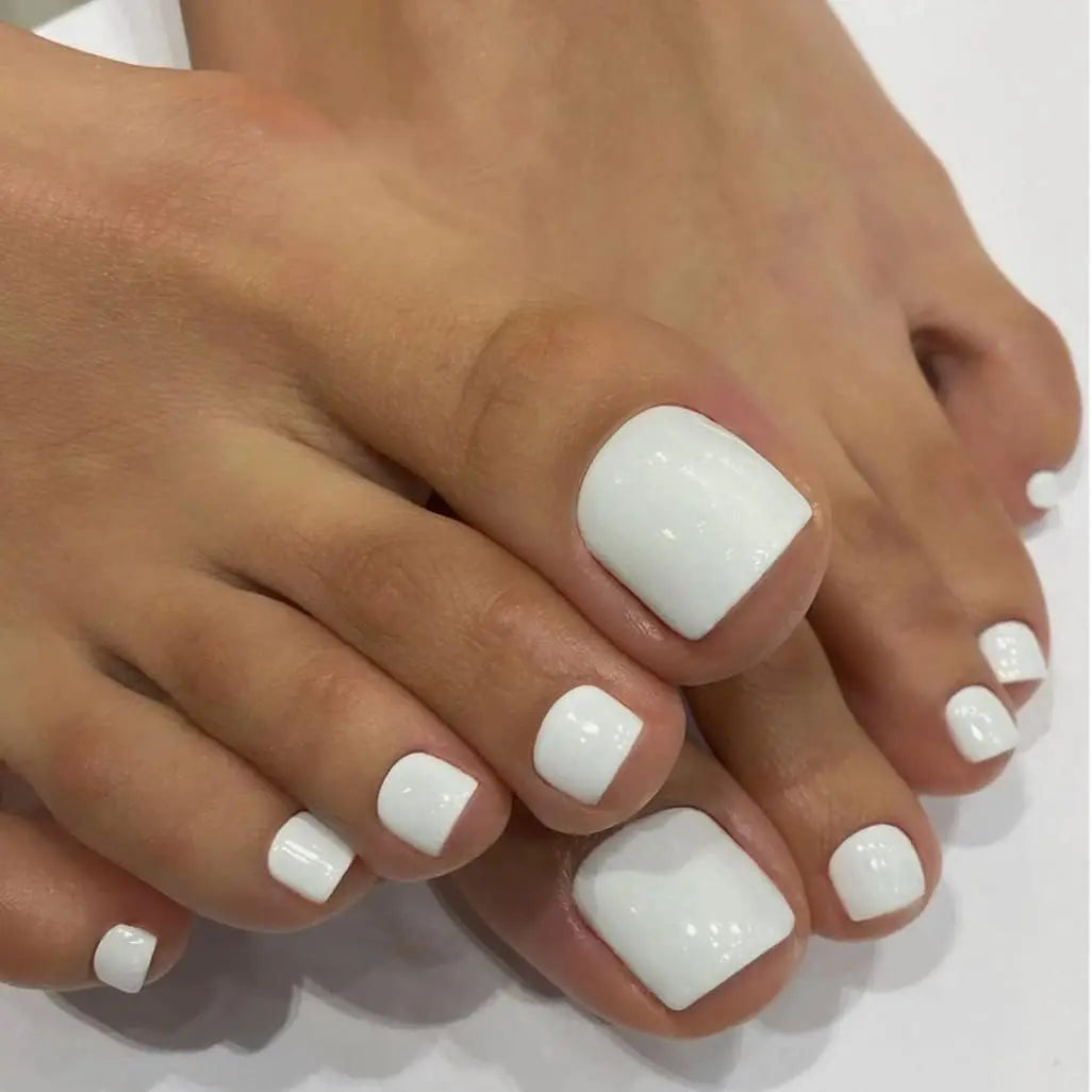 24PCS Short Square Pink Toe Nails Fake Toe Nails Press On Toe Nails French Fake Toe Nails With White Edge Nails