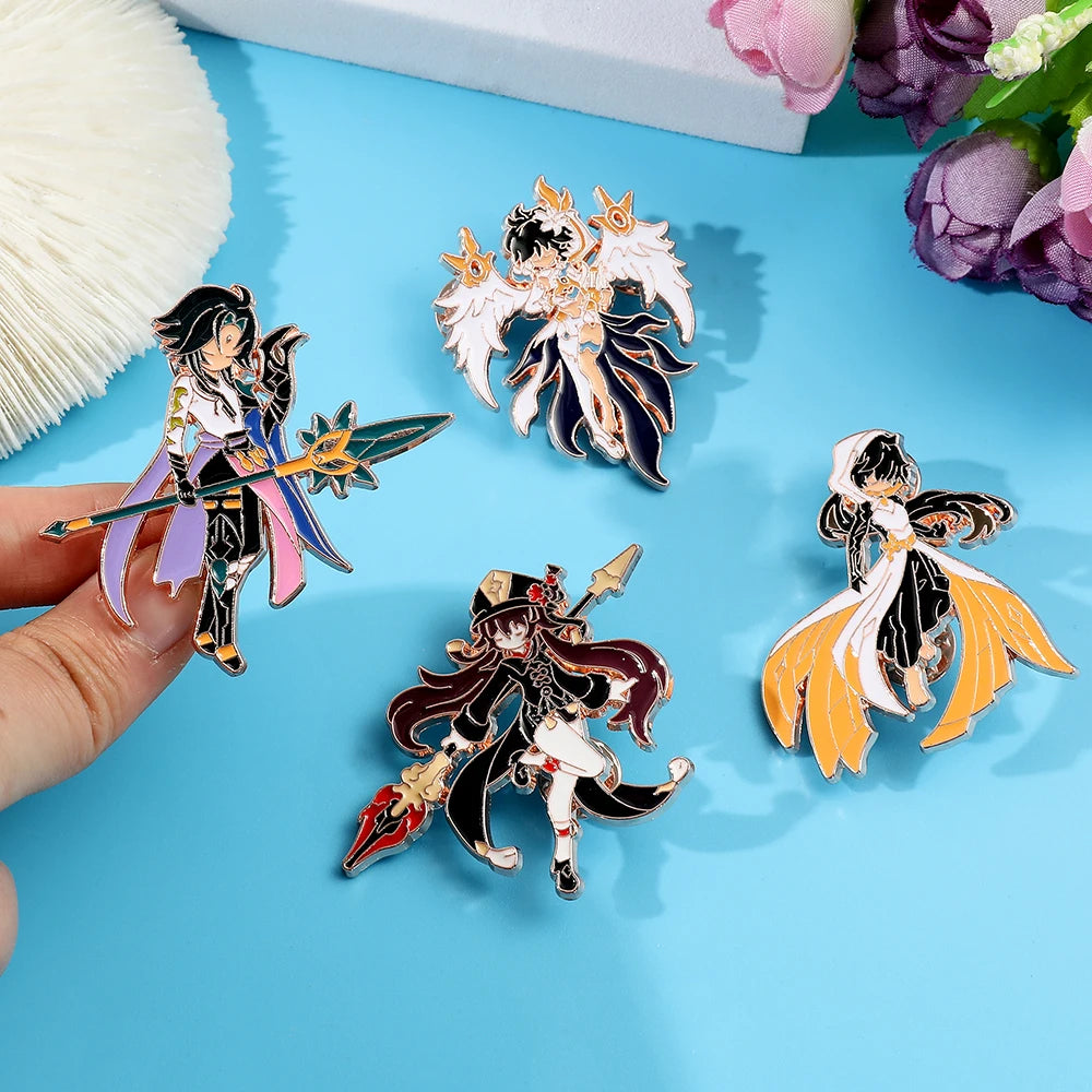 4 Pcs Genshin Impact Series Brooch Creative Walnut Mandrilla Enamel Pin Metal Paint Badge Backpack Clothing Accessories Wallet
