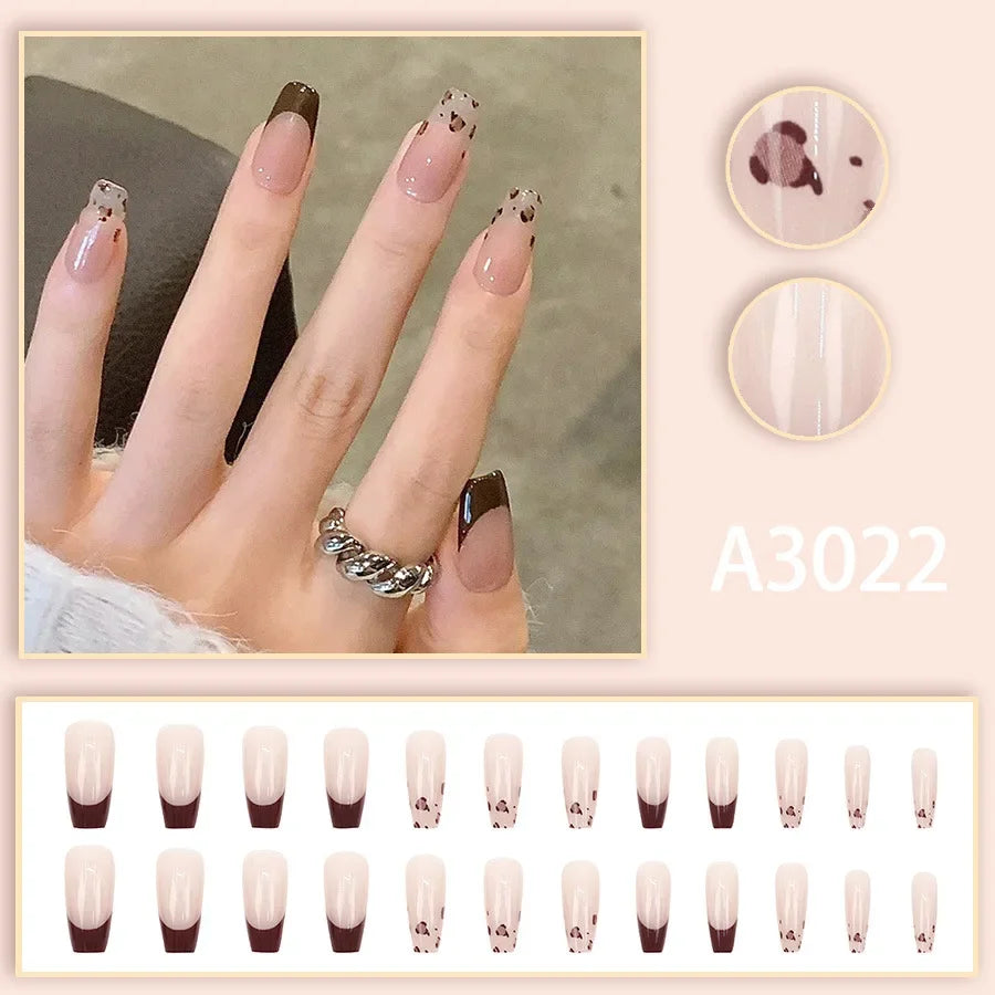 Watercolor Rose Fake Nail with Jelly sticker Press on False Nails Wearable Round Head Oval Full Cover Nail Tips