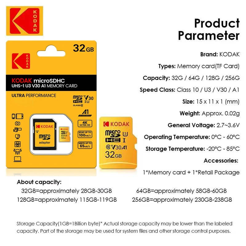 Kodak Micro SD Card 64GB 32GB Memory Card 512GB 256GB 128GB MicroSDXC Class10 SD Memory Card 100MB/s Original TF Flash Card U3